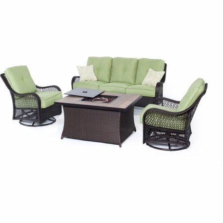 Hanover ORLEANS4PCFP-GRN-A Orleans 4 Piece Fire Pit Seating Set - Green Wood Tile Top