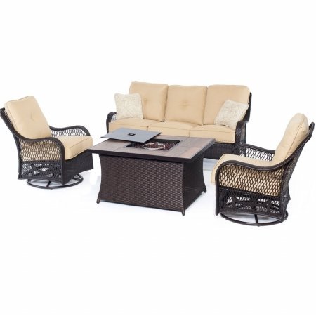 Hanover ORLEANS4PCFP-TAN-A Orleans 4 Piece Fire Pit Seating Set - Tan Wood Tile Top