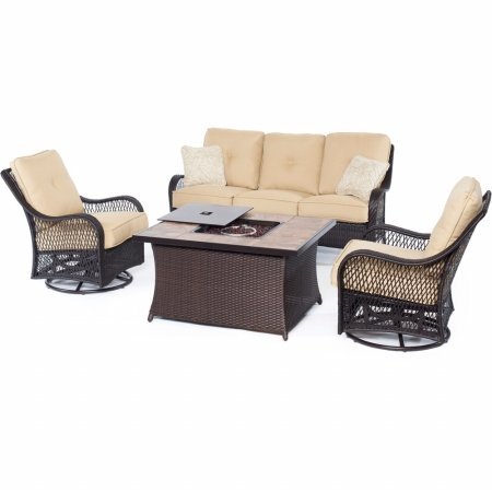 Hanover ORLEANS4PCFP-TAN-B Orleans 4 Piece Fire Pit Seating Set - Tan Stone Tile Top