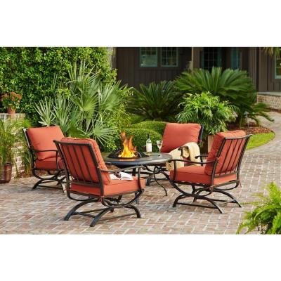 Redwood Valley 5-piece Patio Seating Set With Fire Pit And Quarry Red Cushions