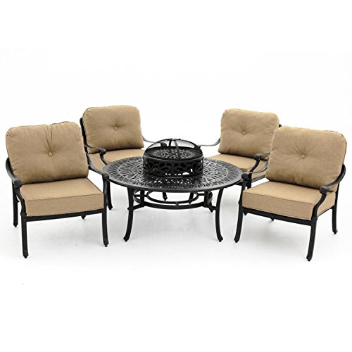 Rosedown 5 Piece Cast Aluminum Fire Pit Seating Set By Lakeview Outdoor Designs - Linen Sesame