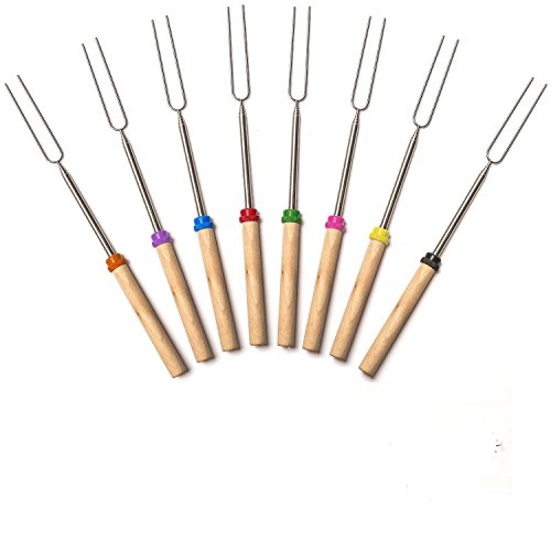 32 Marshmallow Roasting Sticks Set of 8 BBQ Skewers Smores Hot Dog Fork with Wooden Handle and Carrying Pouch Great for Outdoor Barbecue Grill and Campfire Pit