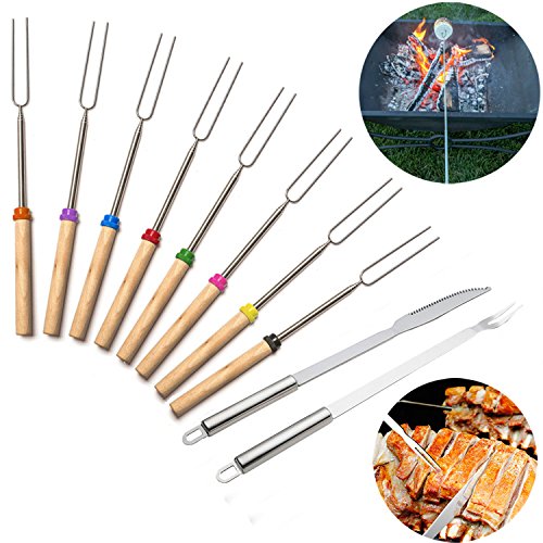 GARYOB Marshmallow Roasting Sticks Wood Rotating Telescoping Skewers Set of 8 Bonus Grill Knife Fork for BBQ Bonfire Patio Campfire Pit Picnic