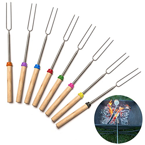 ROKE Marshmallow Roasting Sticks Barbeque BBQ Skewers 32 inch Long Extended Smores Hot Dog Forks with Wooden Handle for Campfire Pit - Set of 8