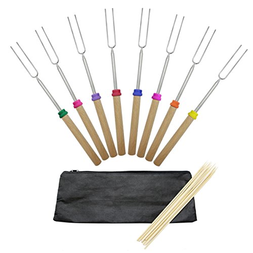 Udyr Roasting Sticks 32 Inch Telescoping Smores Skewers Hot Dog Forks with Wooden Handle for Campfire Pit Set of 8 with 10 Bamboo Skewers