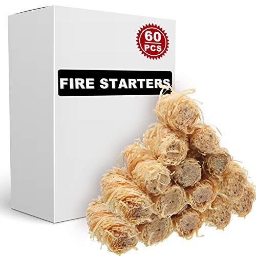 BBTO 60 Pieces Wood Wool Fire Starter Charcoal Natural Fire Starter Wood Firelighter for Grill BBQ Camping Fire Pit Fireplace Wood Stove Fast Lighting