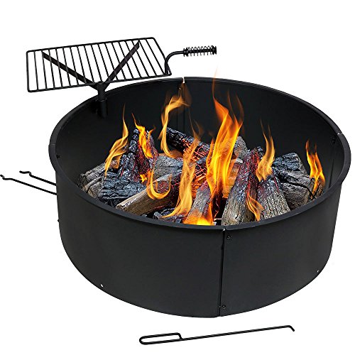 Sunnydaze Wood Burning Fire Pit - Campfire Ring with Cooking Grate and Fire Poker - 36 Inch Outdoor Camping Firepit - Heavy Duty 2mm Thick Steel - BBQ Grill