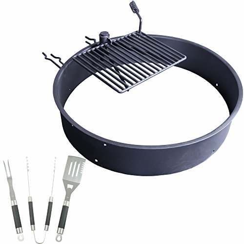 36&quot Steel Fire Ring W Cooking Grate  3pc Cooking Tool Set Charcoal Bbq Outdoor