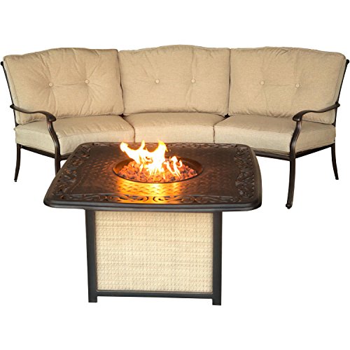 Hanover 2 Piece Traditions Outdoor Cast Tabletop Fire Pit Lounge Set Natural Oatantique Bronze