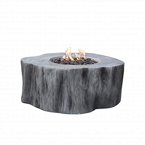 Elementi Manchester Natural Gas Fire Table 42 x 39 x 17 in Cast Concrete Fire Pits Outdoor Fireplaces into Classic Grey Stump Shape - 304 Stainless Steel Burner - Canvas Cover and Lava Rock Includ