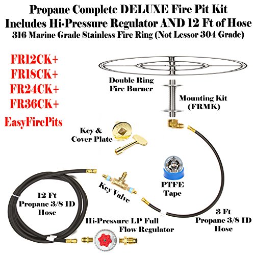Fr18ck+: Diy 18" Complete Deluxe Lp Fire Pit Kit 316 Stainless, Key Valve Contols, Reg & 3' & 12' Hoses; Lifetime