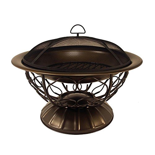 Catalina Creations Durable Round Steel Wood Burning Outdoor Fire Pit with Spark Screen Guard Log Grate Screen Lifting Tool and Antique Bronze Finish 29 L