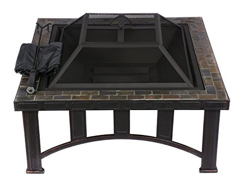 HIO 30-Inch Natural Slate Top Outdoor Fire Pit with Spark Screen Protective Cover and Safety Poker