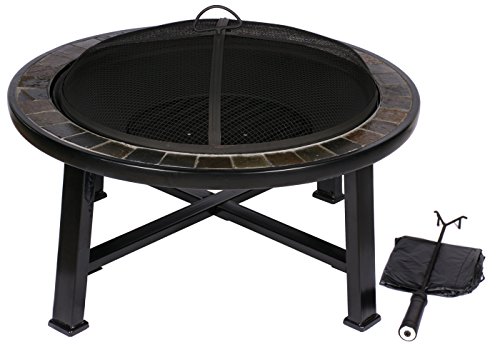 HIO 30-Inch Natural Slate Top Outdoor Fire Pit with Spark Screen Steel Wood Grate Protective Cover and Safety Poker