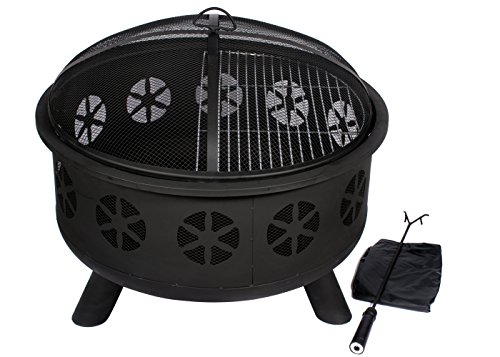 HIO 30-Inch Outdoor Fire Pit with Spark Screen Steel Grill Protective Cover and Safety Poker