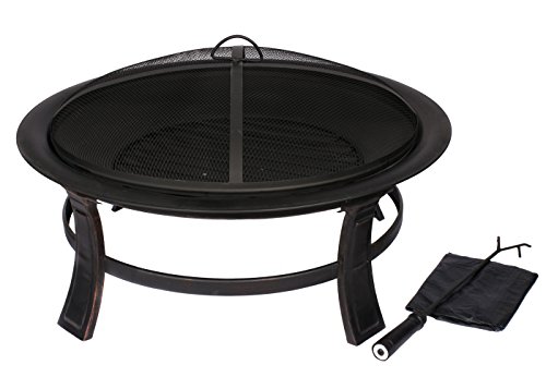 HIO 30-Inch Outdoor Fire Pit with Spark Screen Steel Wood Grate Protective Cover and Safety Poker