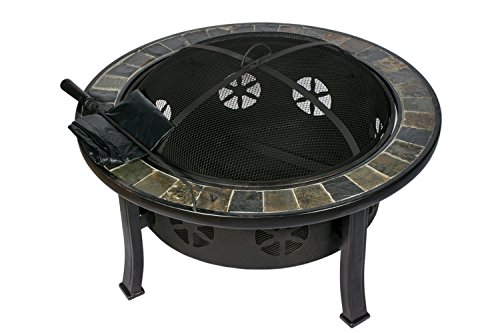 HIO 34-Inch Natural Slate Top Outdoor Fire Pit with Spark Screen Protective Cover and Safety Poker