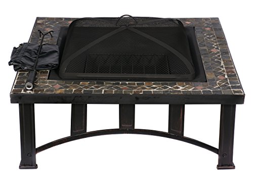 HIO 34-Inch Natural Slate Top Outdoor Fire Pit with Spark Screen Steel Wood Grate Protective Cover and Safety Poker