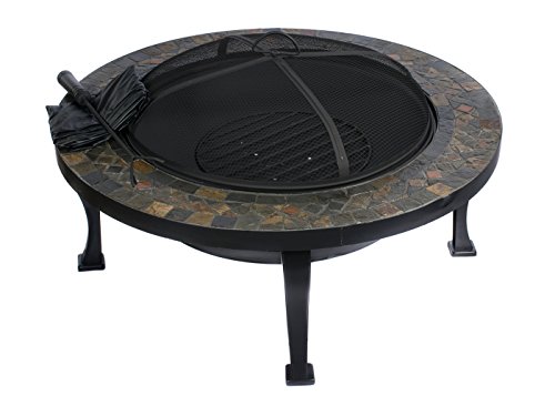 HIO 34-Inch Natural Slate Top Outdoor Fire Pit with Spark Screen Steel Wood Grate Protective Cover and Safety Poker