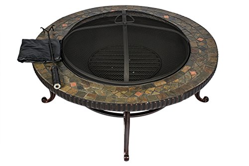 HIO 34-Inch Natural Slate Top Outdoor Fire Pit with Spark Screen Steel Wood Grate Protective Cover and Safety Poker