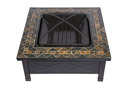 HIO 36-Inch Natural Slate Top Outdoor Fire Pit with Spark Screen Steel Wood Grate Protective Cover and Safety Poker