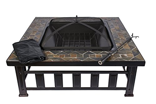 HIO 36-Inch Natural Slate Top Outdoor Fire Pit with Spark Screen Steel Wood Grate Protective Cover and Safety Poker