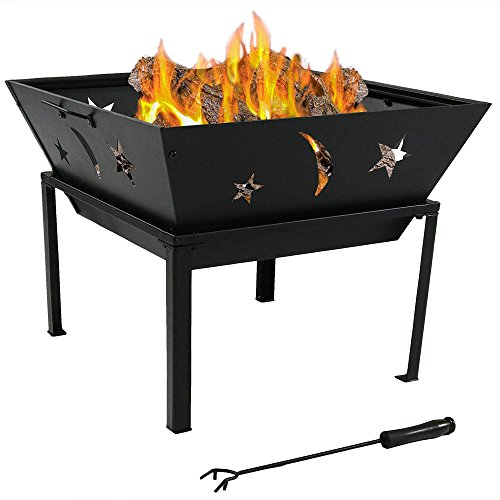 Sunnydaze 22 Inch Outdoor Square Stars and Moons Fire Pit with Spark Screen