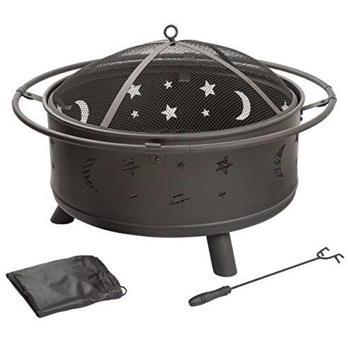 Pure Garden 30-inch Round Black Star and Moon Steel Firepit with PVC Weather Resistant Cover