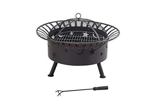 Sunjoy S-FT038PST-5 Large Round Steel Firepit 32 Moon and Star