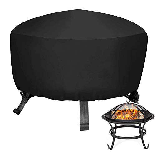 Round Fire Pit Cover - Waterproof Outdoor Fire Pit Cover with Hem Cord  2 Adjustable Buckles Durable 420D Oxford Wood Fire Pit Cover Fire Bowl Cover 33 D x 16 H