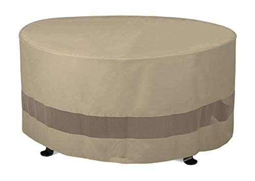 SunPatio Outdoor Fire Pit Cover Patio Ottoman Cover Round Table Cover 50Dia x 24H Water Resistant Lightweight Patio Furniture Cover with Mesh Air Vents and Closure Straps Neutral Taupe