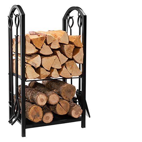 DOEWORKS All-in-One Heavy Duty Hearth Firewood Rack with Fireplace Tools Set 18 Wide x 275 Tall Log Holder Black