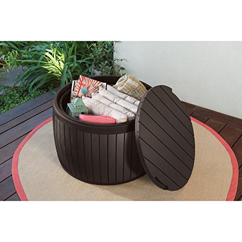 Keter Circa Wood Round Outdoor Storage Table Deck Box 37 Gallon