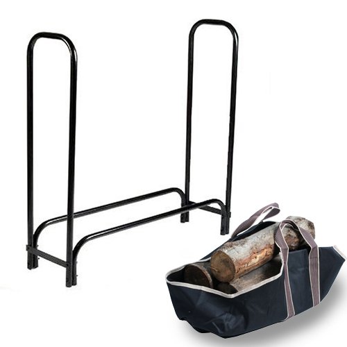 4ft Outdoor Heavy Duty Steel Firewood Rack w Wood Tote Bag Storage Holder Black