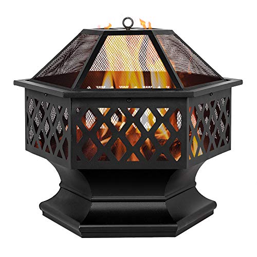 Outdoor Fire Pit24 Inch Hex Shaped Firepit Wood Burning Fireplace Patio Backyard Garden Heater Heavy Steel Fire Pit Bowl Stove Brazier with Spark Screen Cover Poker for Camping Picnic Bonfire BBQ