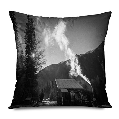 Ahawoso Throw Pillow Cover Square 18x18 Inches Snow Mountains Black White Chair Smoke Trees Time Nature Stove Parks Outdoor Heating Design House Decorative Pillowcase Home Decor Cushion Case