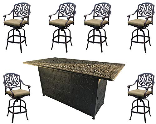 Sunvuepatio Fire pit dining table set outdoor propane heater Elisabeth bar stools cast aluminum furniture