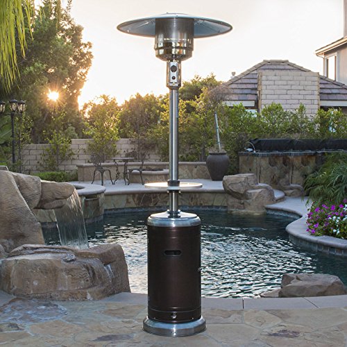 BELLEZE 48000BTU Portable Propane Patio Heater Bronze Stainless Steel Hammer Finished Space Stove with Wheels Table for Outdoor