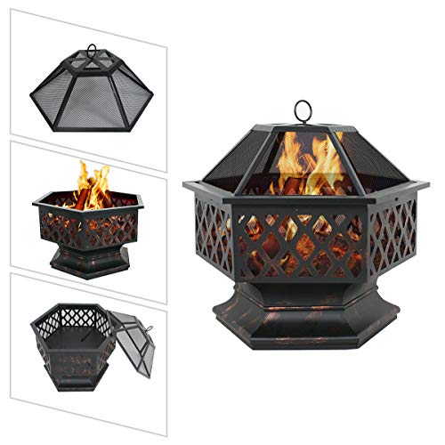 LEMY Hex Shaped Outdoor Fire Pit Wood Burning Fireplace Patio Backyard Heater Steel Firepit Bowl Heavy Steel 24