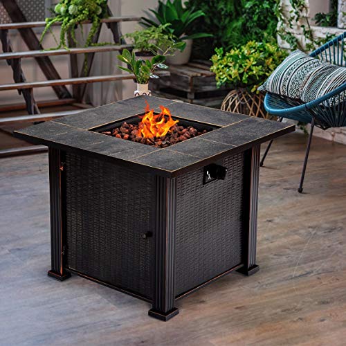 ana1store Black Tile Gas Blaze Counter Sturdy Durable 30 Square Iron Body Stainless-Steel Burner Easy Electronic Ignition Artistic Practical 50000 BTU Backyard Propane Stove Heater Fire Pit Table