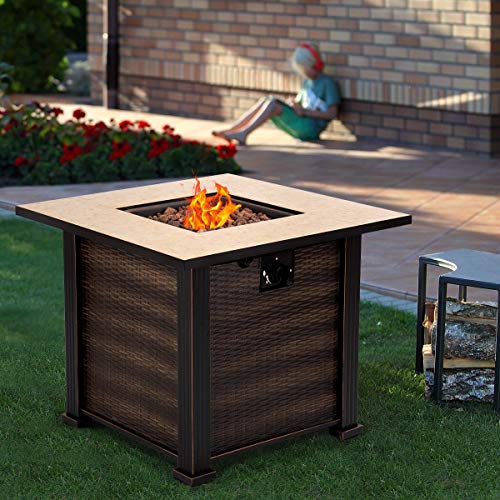 ana1store Golden Tile Gas Blaze Counter Sturdy Durable 30 Square Iron Body Stainless-Steel Burner Easy Electronic Ignition Artistic Practical 50000 BTU Backyard Propane Stove Heater Fire Pit Table