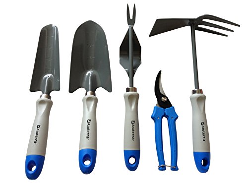 Gardening Tools -5 Piece Garden Tool Set TrowelTransplanterWeederPruning ShearsDouble Hoe from Azuterra High-Quality Ergonomic Designed for Women Garden Lovers Make Gardening Easy&Fun Now