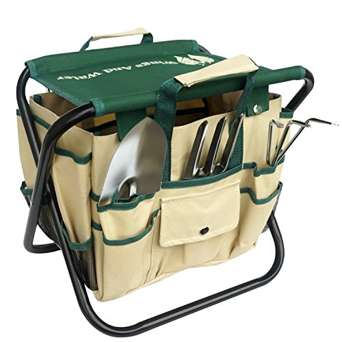 Wings and Water 7 Piece Garden Tool Set All-In-One Tool Bag Durable Folding Stool Stainless Steel
