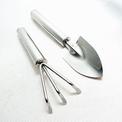 Coolrunner Stainless Steel Plant Garden Mini Tools Gardening Trowel Spade Shovel Hand Bow Rake Fork Garden Tool Set Gardening Kit 2pcs