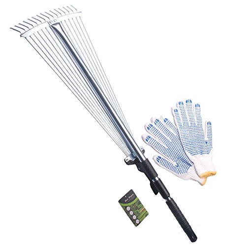 Green Burgeon 28&quot-57&quot Length Telescopic Steel Garden Rake 15 Tine Adjustable Garden Leaf Rake With 1pair Work