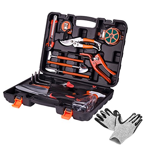 Koram 13 pieces Garden Tools Set Home Lawn Kit Soft Touch Handles Ergonomic Design with Gardening Protective Coating Gloves Hand Pruning Shears Shovel Rakes
