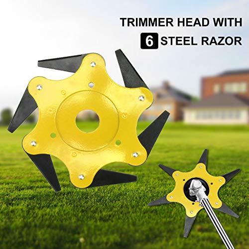 WICHEMI Lawn Mower Trimmer Head - Manganese Steel Alloy 6 Teeth Grass Cutter Head 6 Steel Blades Razors 65Mn Lawnmower Grass Weed Eater Brush Cutter Garden Lawn Tool Replacement Parts Yellow