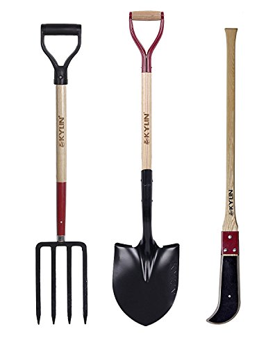 Kylin 3 Pieces Garden Tool Sets - 13 guage Round Point Gardening Shovel  4 Tine Spading Fork Double Edged Ditch Bank Blade with Ash Wood Handle-32185A 67145AP 880500--Super Value