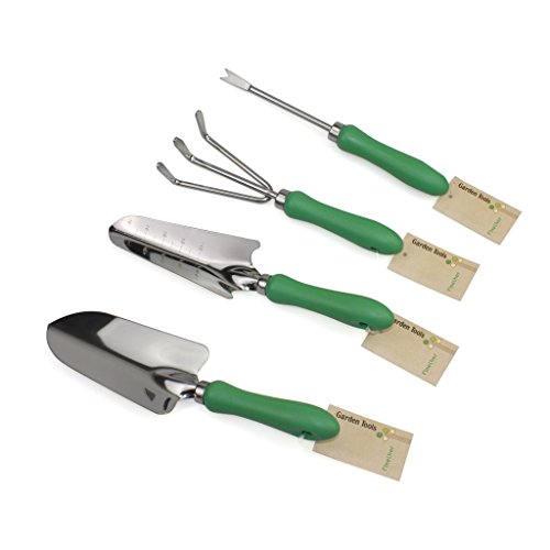 Finether 4 Pieces Stainless Steel Garden Hand Tool Set Includes Hand Weeder Transplanter Hand Cultivator Spade