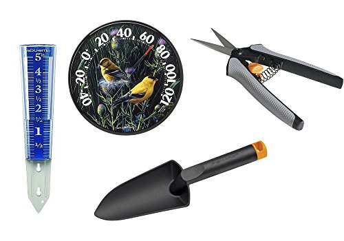 125 Inch Goldfinches Wall Thermometer-This Great Garden Bundle Includes Fabulous Fiskars Pruning Shears Plus Trowel Plus an Accurite Rain Gauge-All Inclusive Gardeners Package